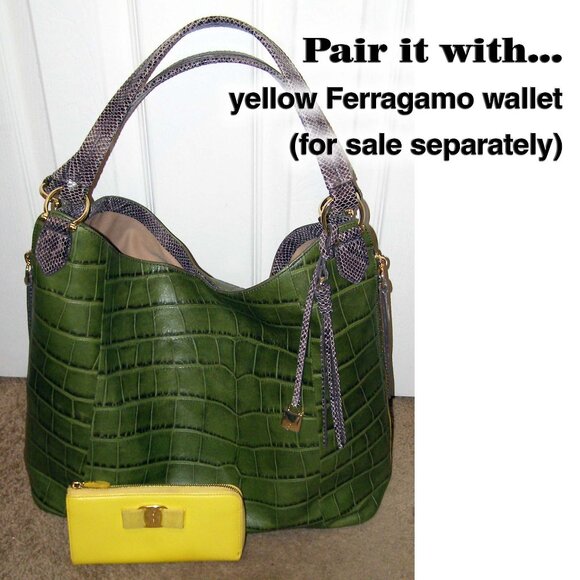💚🐊 NWOT G.I.L.I. GREEN Croco Embossed Italian Leather Slouchy Wing Hobo - Picture 1 of 16